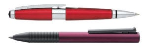 两支无盖滚珠笔； 红色的 Cross Edge 和黑紫色的 Lamy Tipo